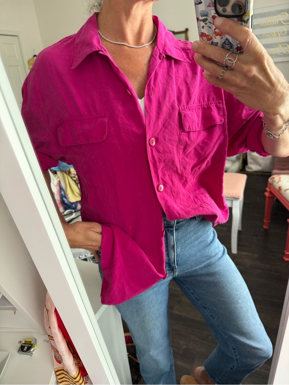 Vintage 100% Silk Fuchsia Pink Button Up Blouse Oversized Shirt Y2K Coastal